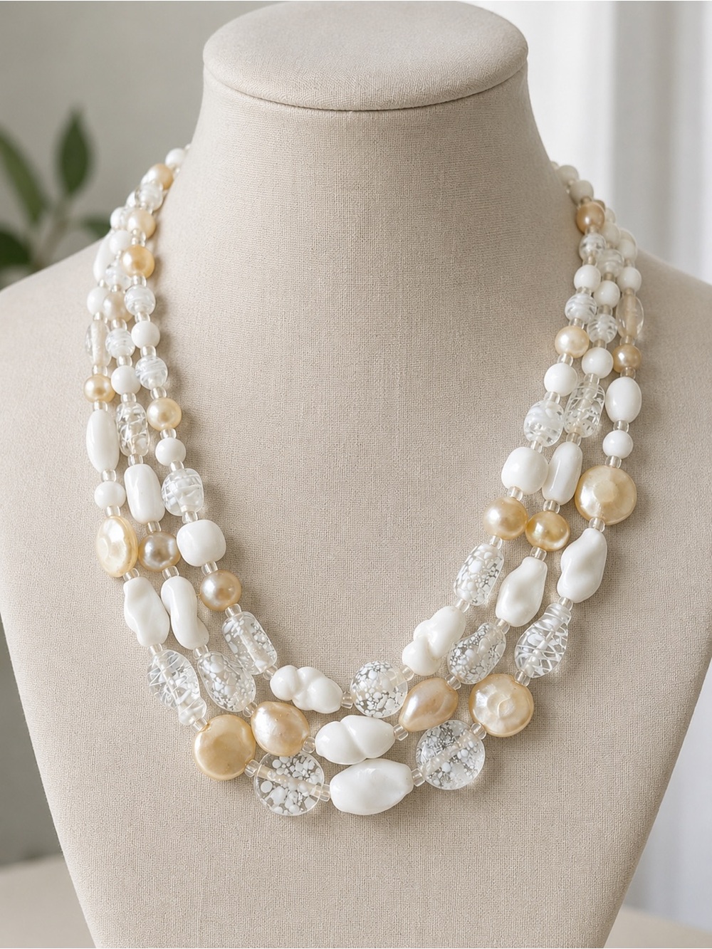 Iridescent White & Gold Multi-Strand Beaded Necklace